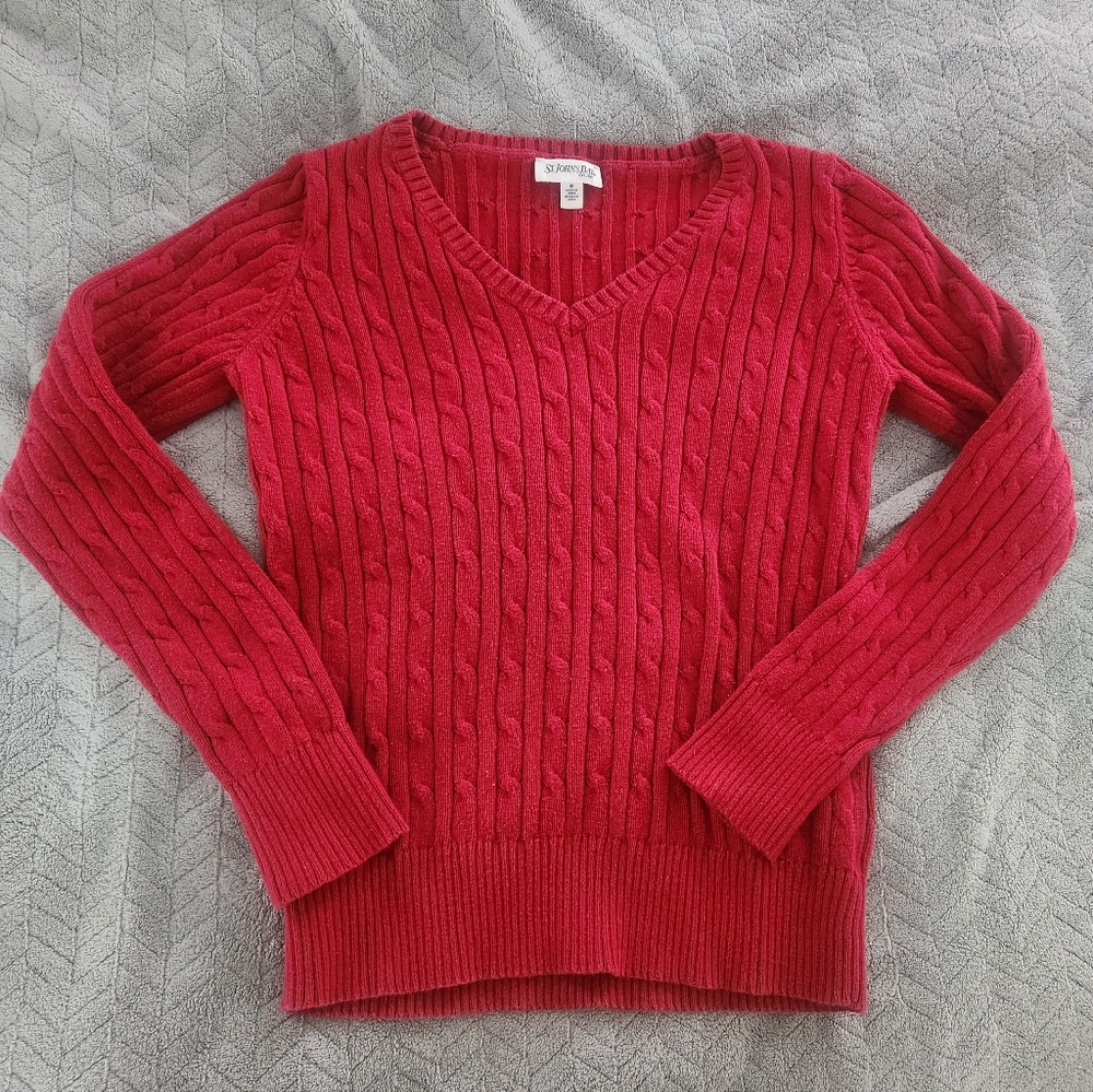 St johns Bay Red V Neck Cable Knit Sweater Size Medium Womens